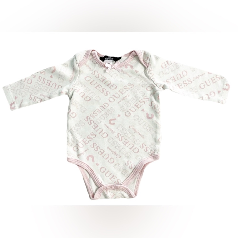 Baby Guess Bodysuit 6–9 Months Long Sleeve Pink White Logo Print One Piece